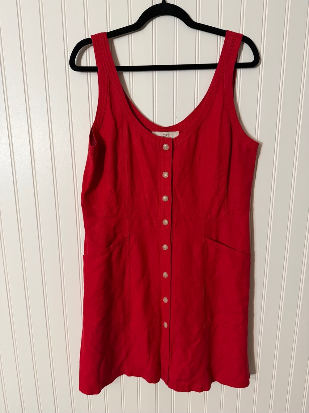 LOFT Red Button-Front Linen Tank Dress